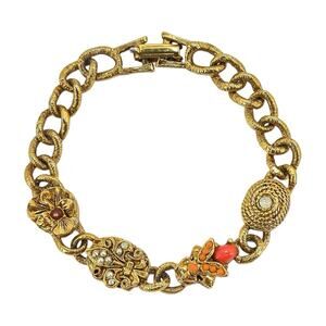 Vintage Gold-Tone Link Bracelet w Insect & Floral Charms Victorian Revival 7.5”
